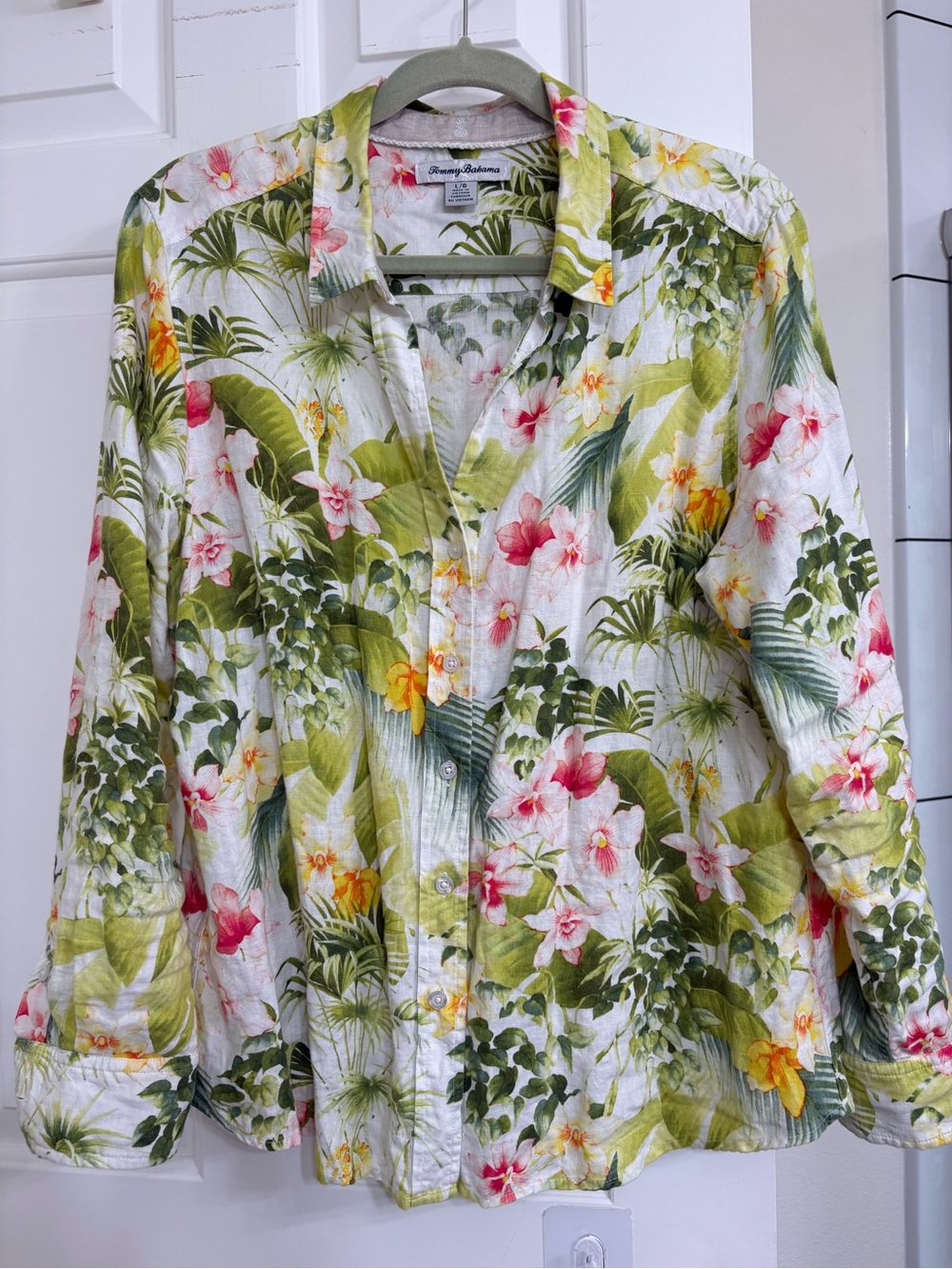 Tommy Bahama White Button-Down with Green and Pink Tropical Floral Print